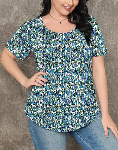 Blouses for Women Floral Print Puff Sleeve Pleated Front Dressy Tops Blue Summer Outfits XL