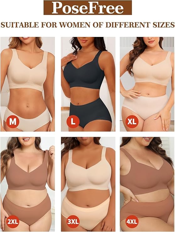 PoseFree Wireless Bras for Women Pack Full Coverage Comfortable & Supportive No Underwire Back Smoothing Everyday Bra Set