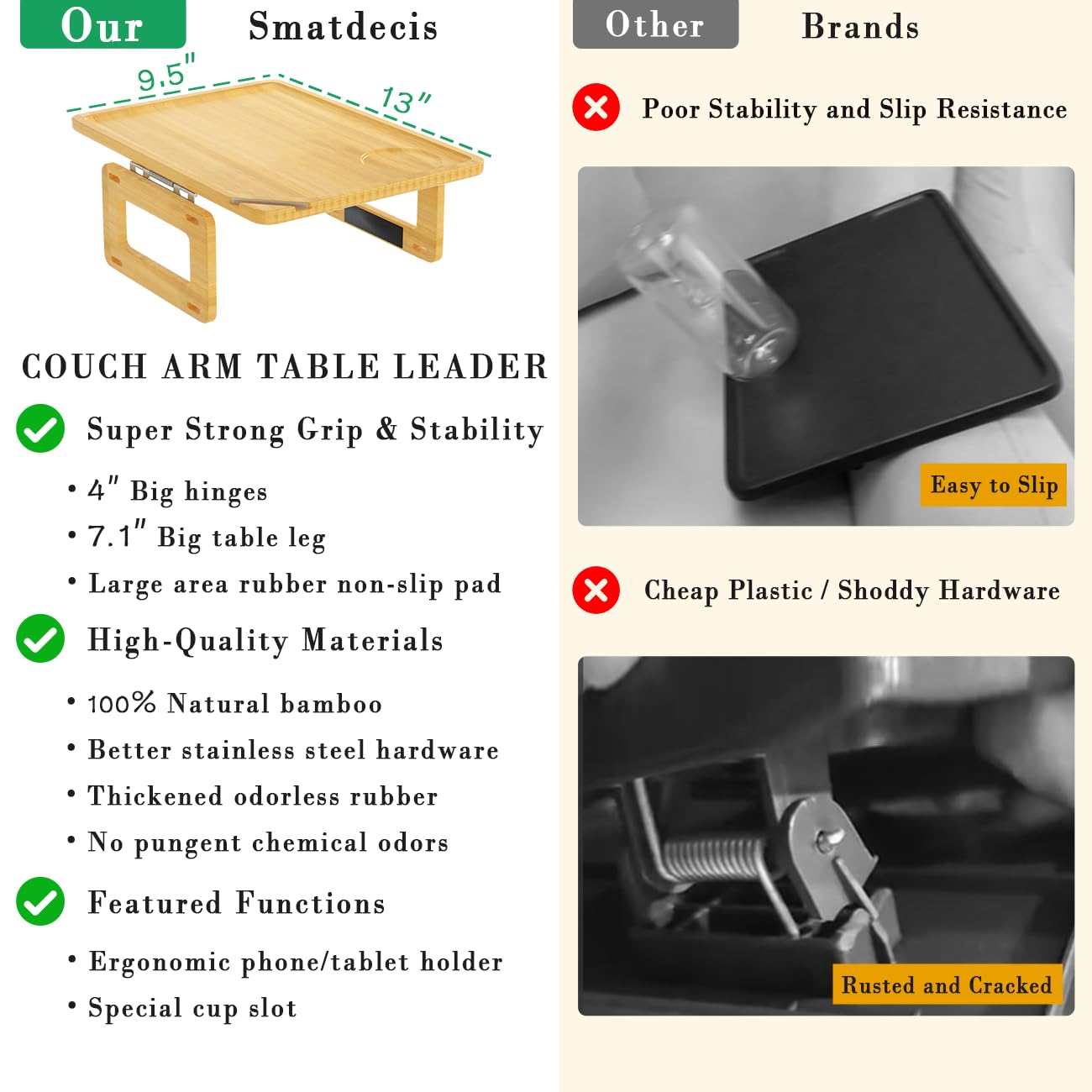 Smatdecis Couch Arm Tray Table Sofa Arm Clip Table, Armrest Tray Table Suitable for Home Drinks/Fast Food/Fruit Etc, Large Size Multi-Function Natural