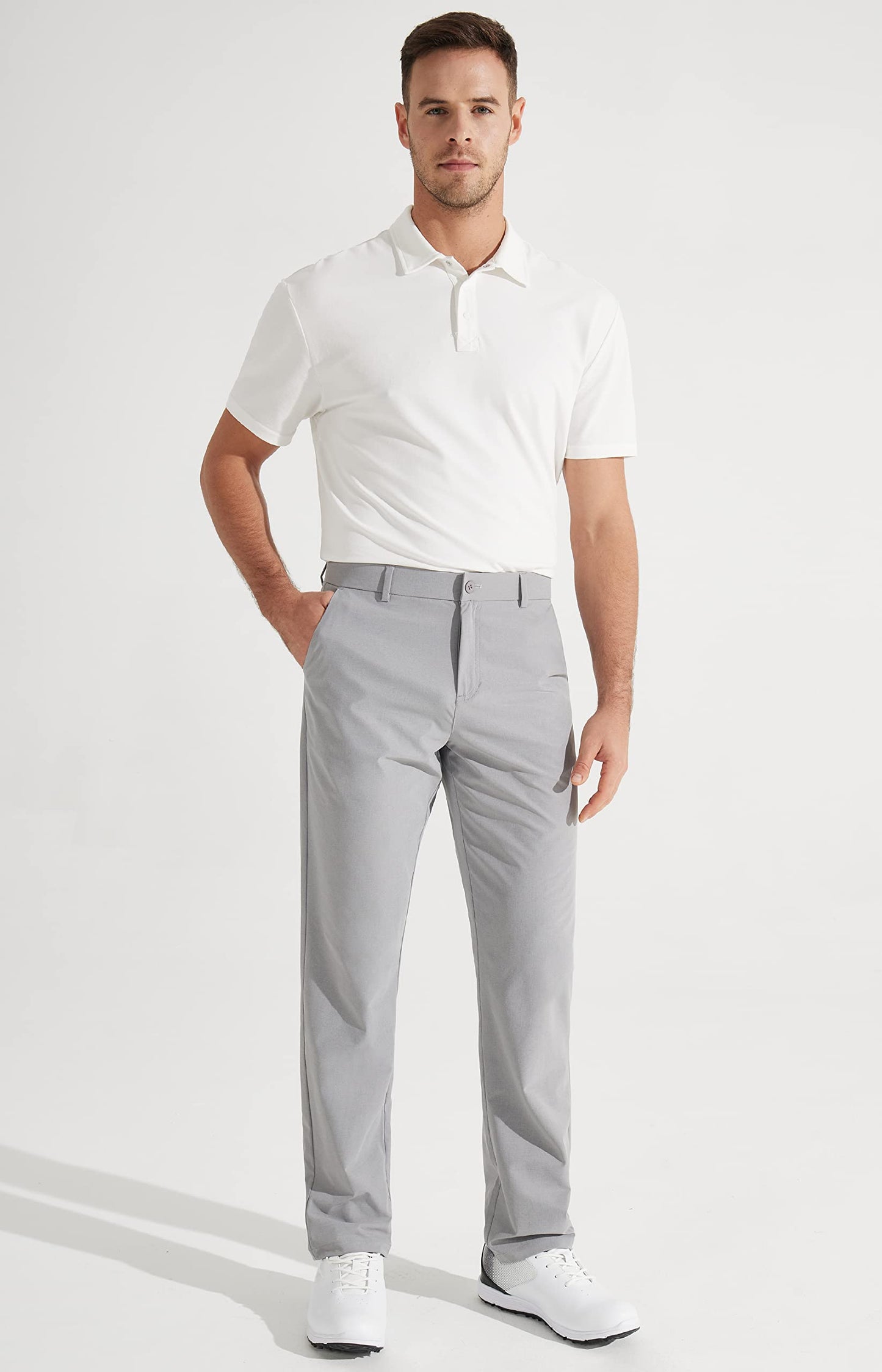 Libin Mens Golf Pants Stretch Work Dress Pants 30" Quick Dry Lightweight Business Casual Pants for Men Comfy Water Resistant, Light Grey, 32W x 30L