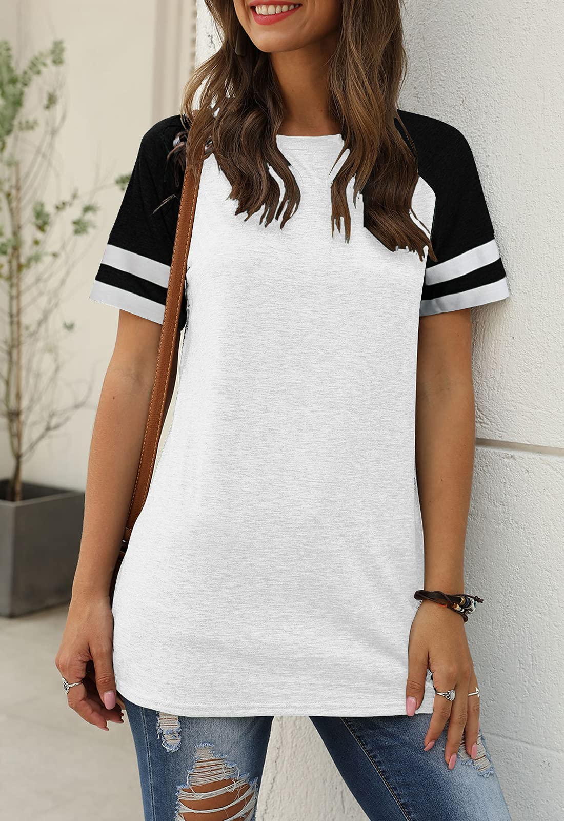 Adibosy Women Summer Casual Shirts: Short Sleeve Striped Tunic Tops - Ladies Loose Crew Neck Tee Tshirt Blouses White 2XL