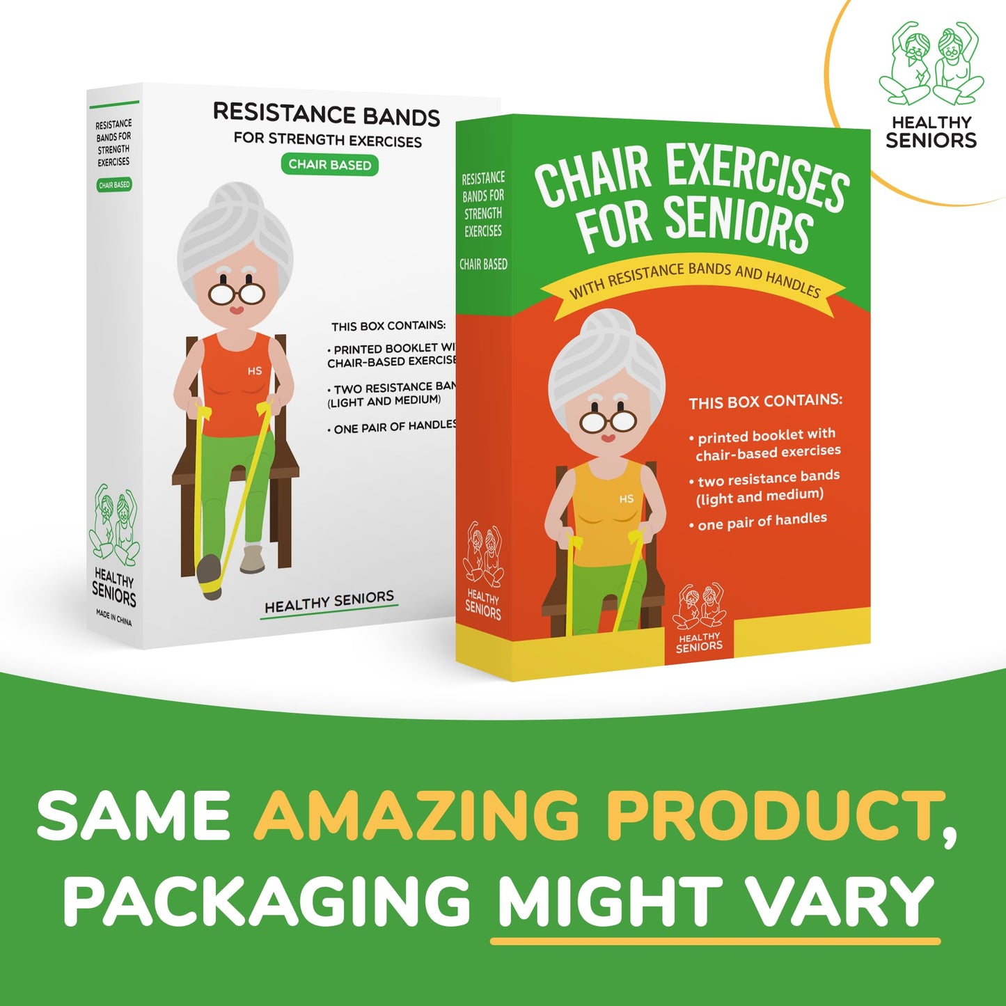 Healthy Seniors Chair Exercise Program with Two Resistance Bands, Handles and Printed Exercise Guide. Suitable for Rehab or Physical Therapy. Thoughtful Gift for Grandma or Grandpa