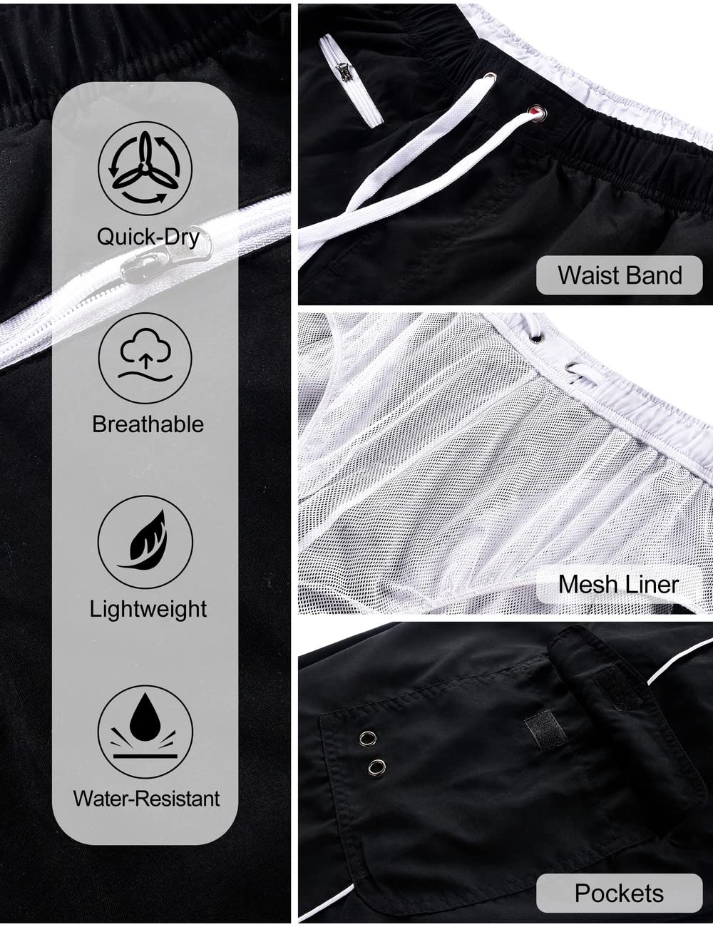 unitop Men's Lightweight Quick Dry Board Trunks Black and White 30