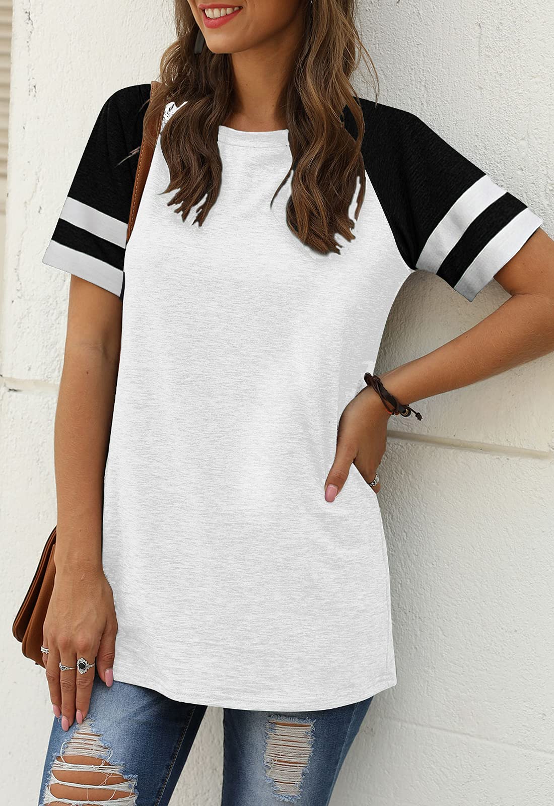 Adibosy Women Summer Casual Shirts: Short Sleeve Striped Tunic Tops - Ladies Loose Crew Neck Tee Tshirt Blouses White 2XL