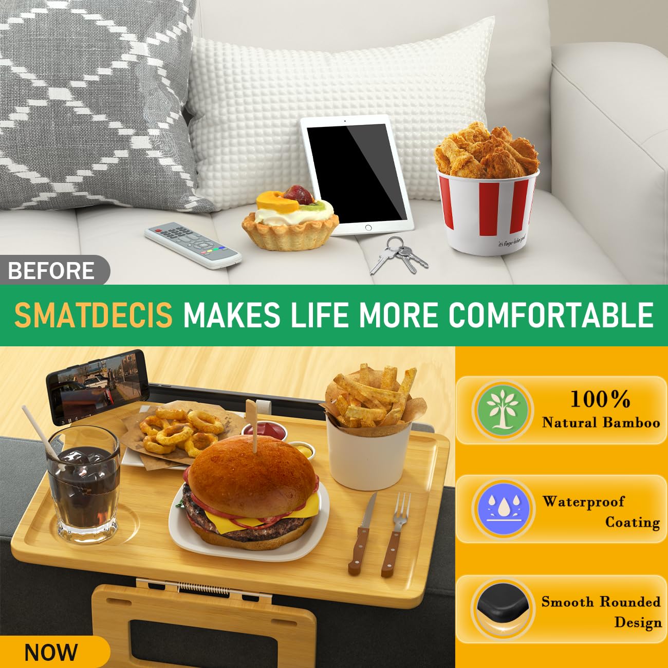 Smatdecis Couch Arm Tray Table Sofa Arm Clip Table, Armrest Tray Table Suitable for Home Drinks/Fast Food/Fruit Etc, Large Size Multi-Function Natural