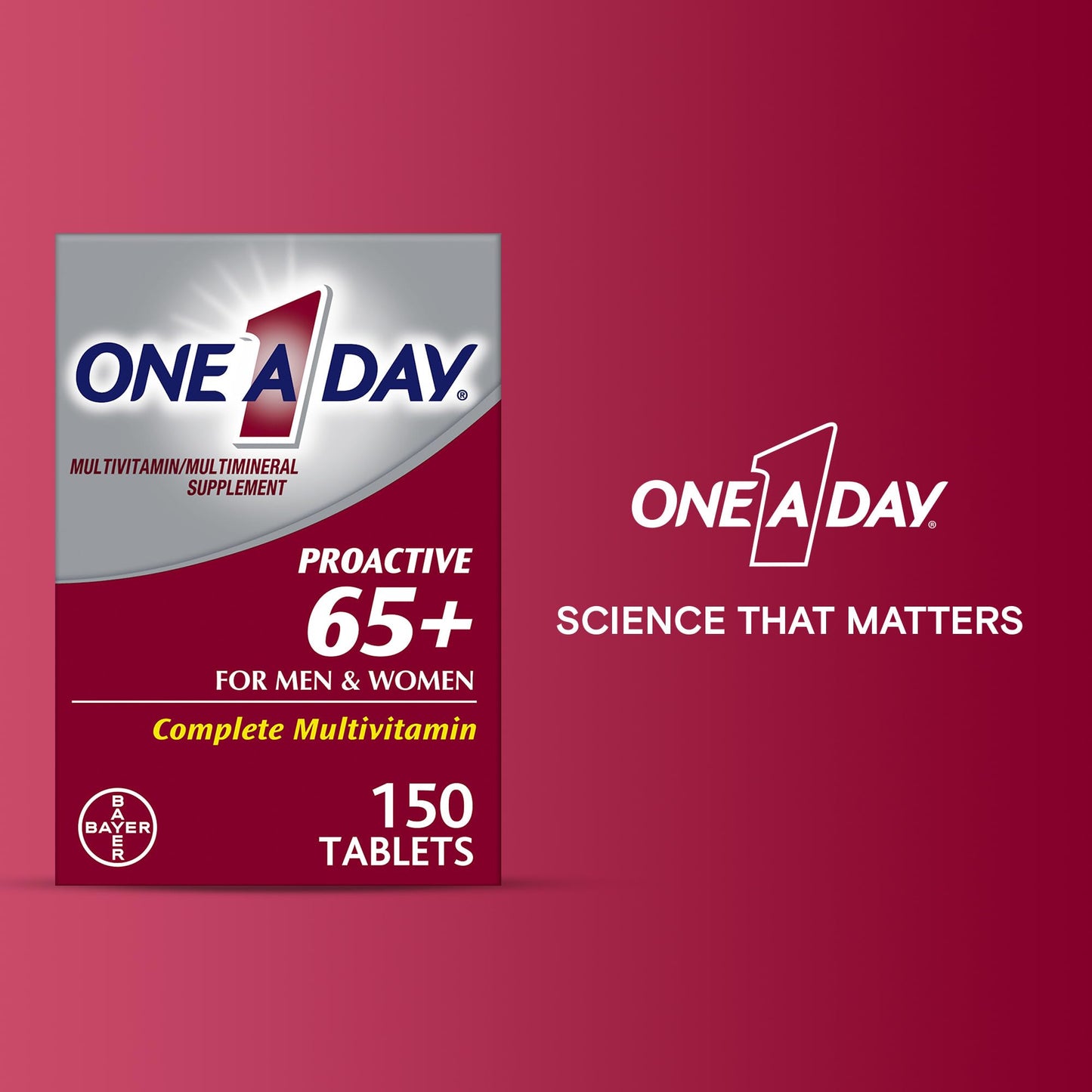 One A Day Proactive 65+, Mens & Womens Multivitamin, Supplement with Vitamin A, C, D, and Zinc to Support Bone Health & Cell Health, Calcium, Folic Acid, Tablet 150 Count
