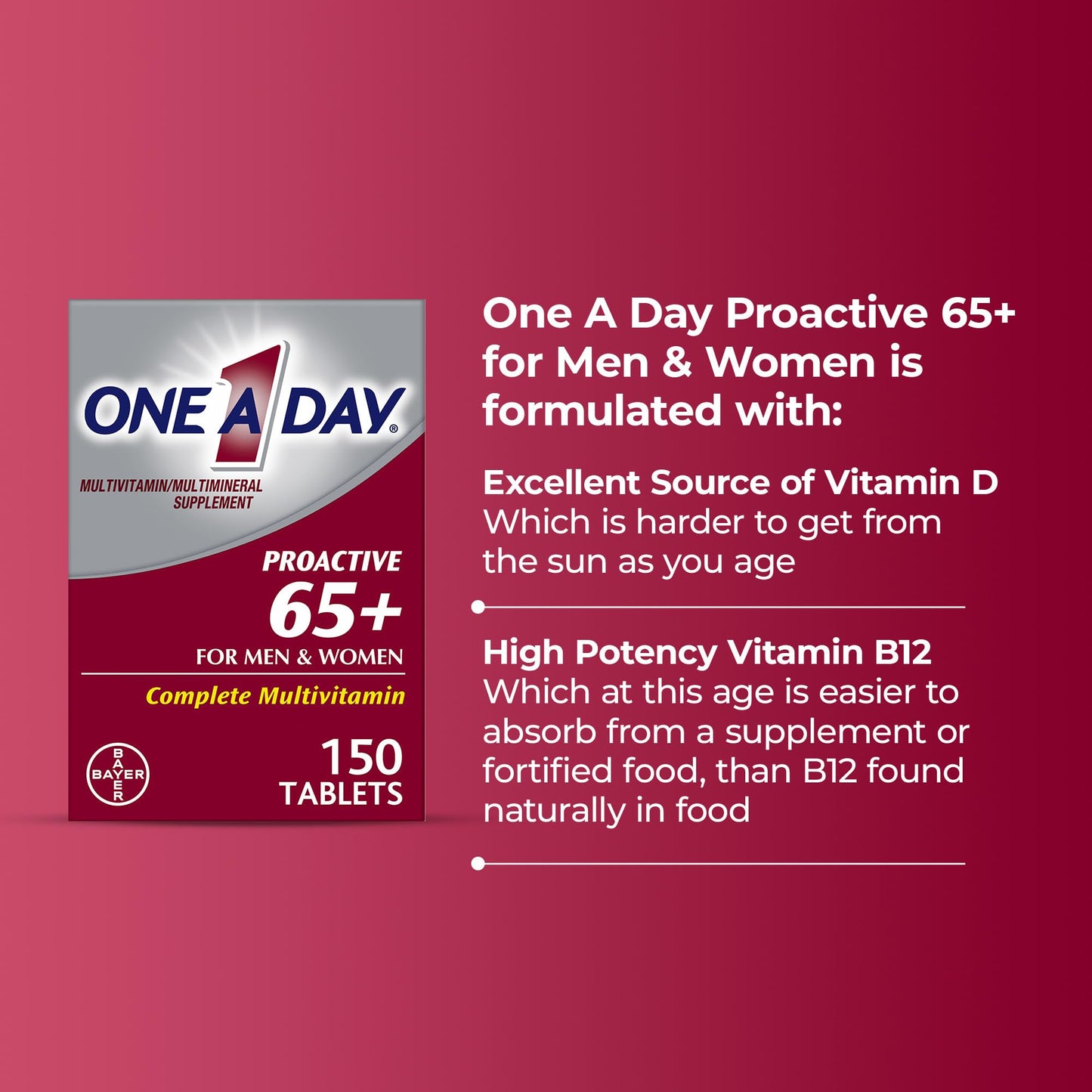 One A Day Proactive 65+, Mens & Womens Multivitamin, Supplement with Vitamin A, C, D, and Zinc to Support Bone Health & Cell Health, Calcium, Folic Acid, Tablet 150 Count