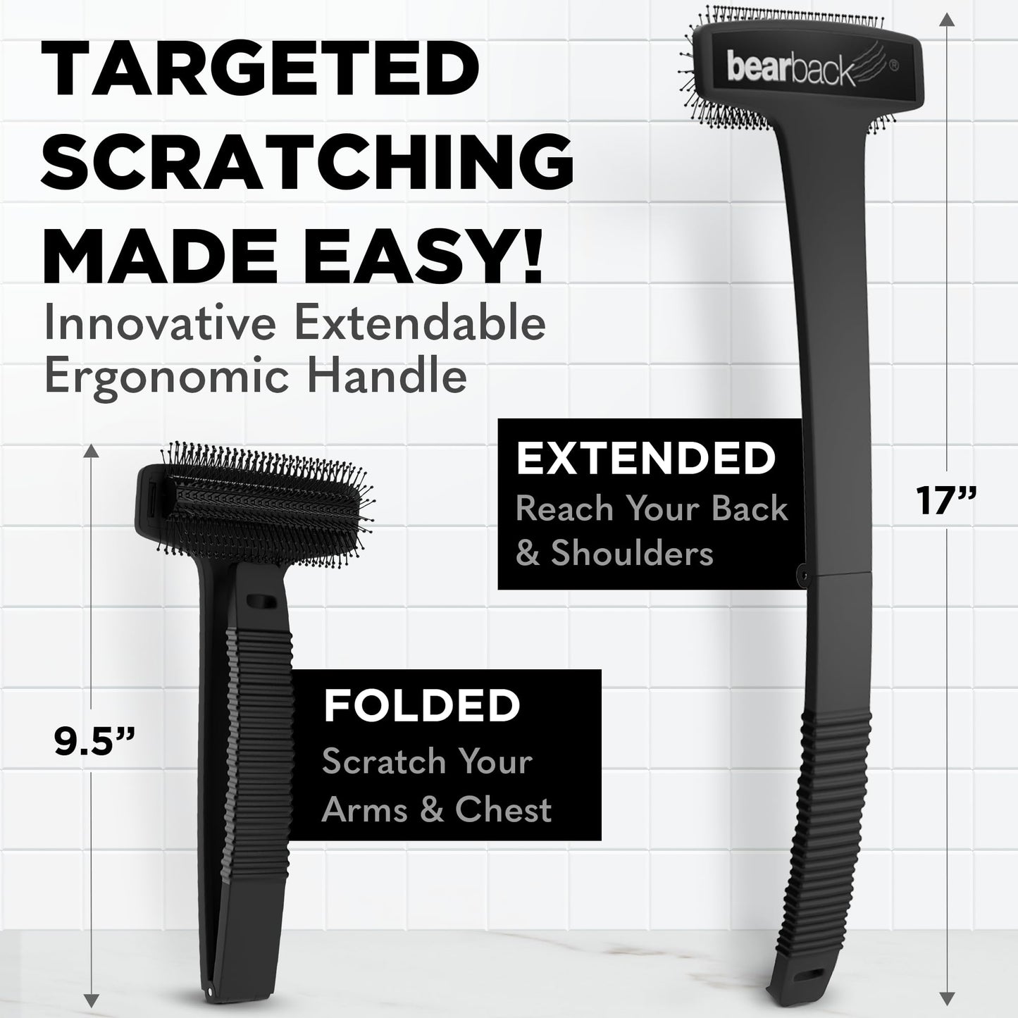 Bearback Back Scratcher for Men & Women – Long Reach Folding Handle, Skin-Safe Bristles – Extendable, Portable, Easy to Clean – Designed by a USA Small Business