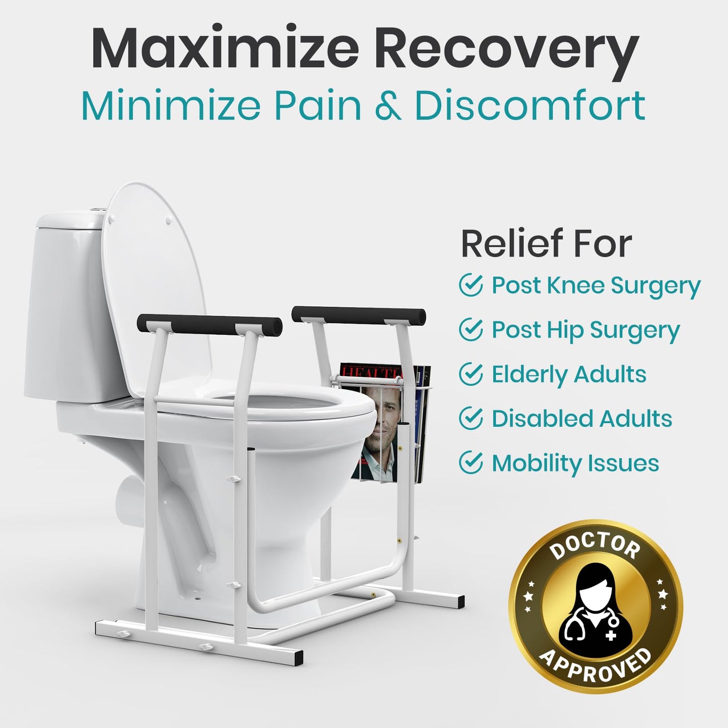 Vive Toilet Safety Rail with Arms - Toilet Support Frame w/Handles for Seniors - Grab Bar Handrail for Elderly, Handicap & Disabled - Bathroom Riser Assistance Aid - Stand Alone Lifter to Help Stand