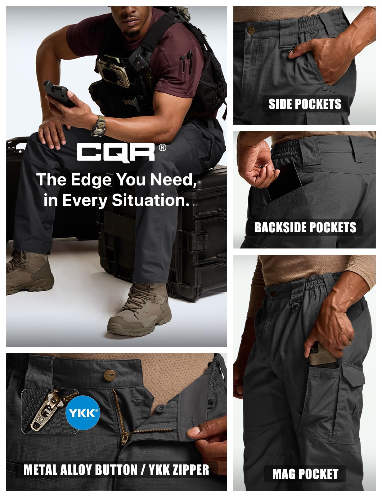 CQR Men's Tactical Pants, Water Resistant Ripstop Cargo Pants, Lightweight EDC Work Hiking Pants, Outdoor Apparel, Raider Mag Pocket Black, 32W x 32L