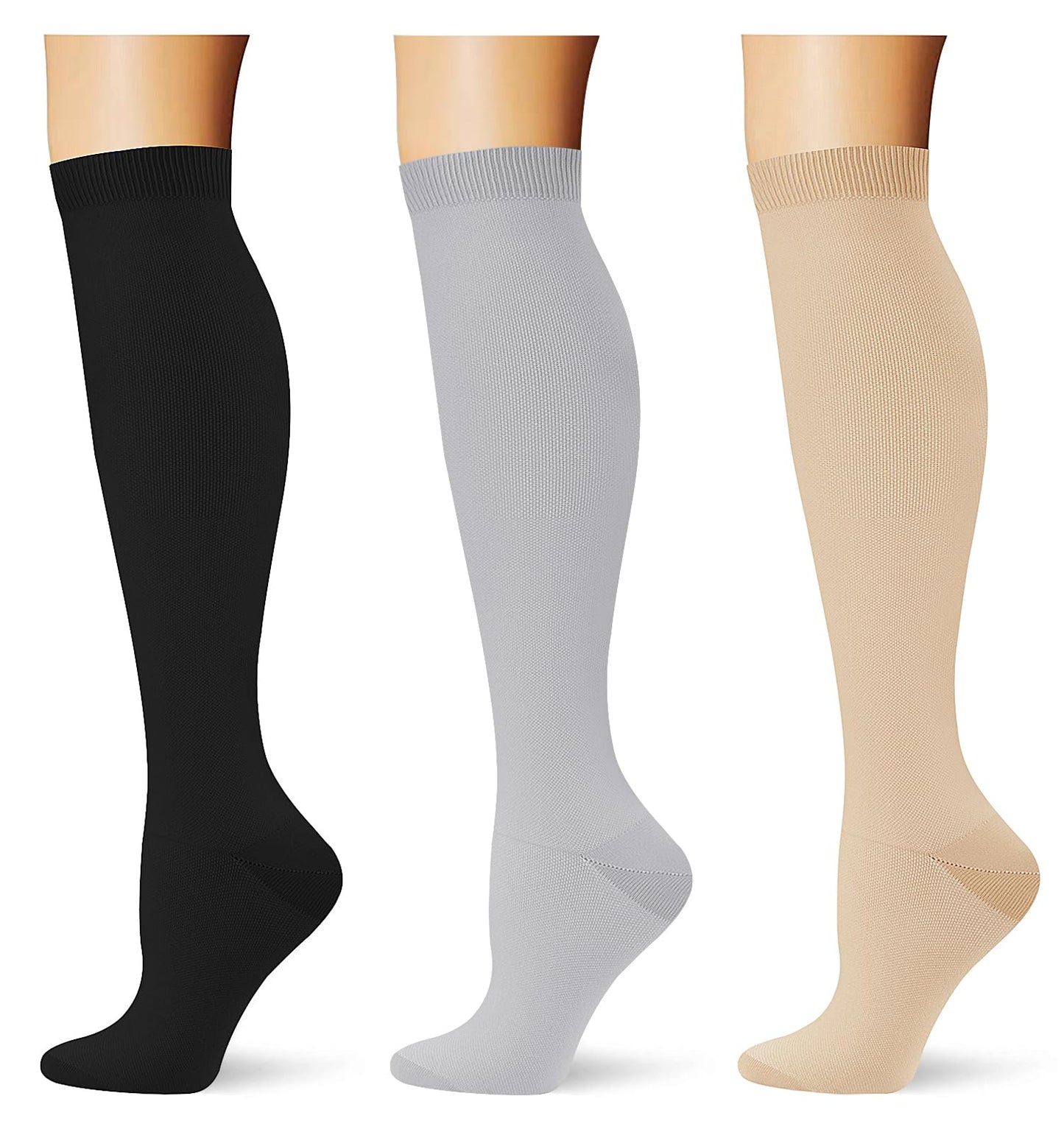 Saniripple (3 pairs) Compression Socks 20-30 mmHg Long Knee High Socks for Women and Men Black/Nude/Lightgrey L/XL