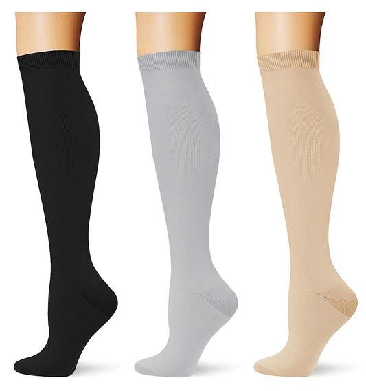 Saniripple (3 pairs) Compression Socks 20-30 mmHg Long Knee High Socks for Women and Men Black/Nude/Lightgrey L/XL