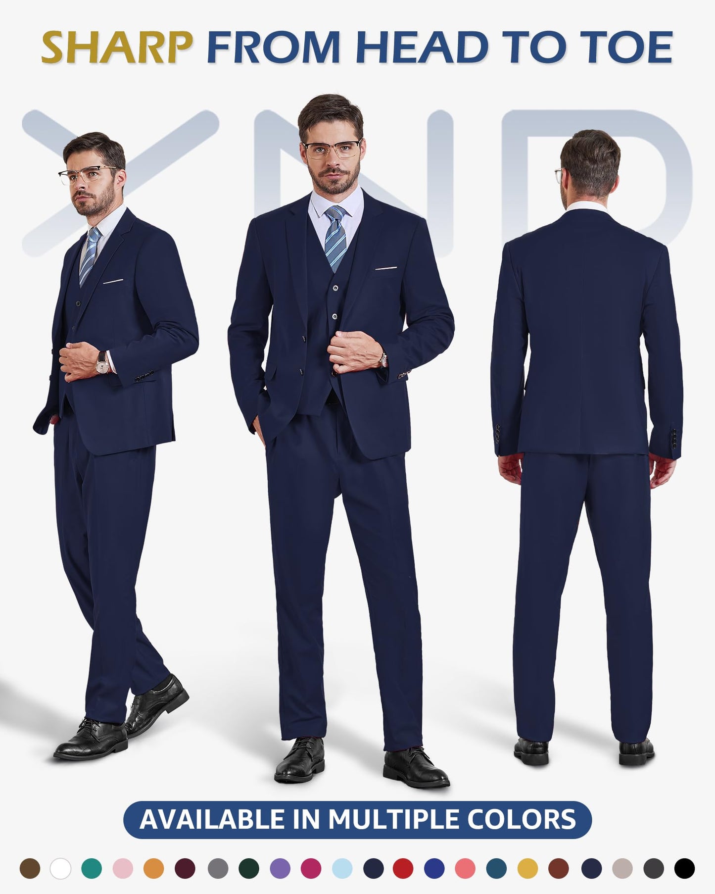 YND Men's 3 Piece Suit Set with Tie, 2 Button Slim Fit Solid Blazer Jacket Vest Pants, Business Wedding Party Suits for Men, Deep Blue