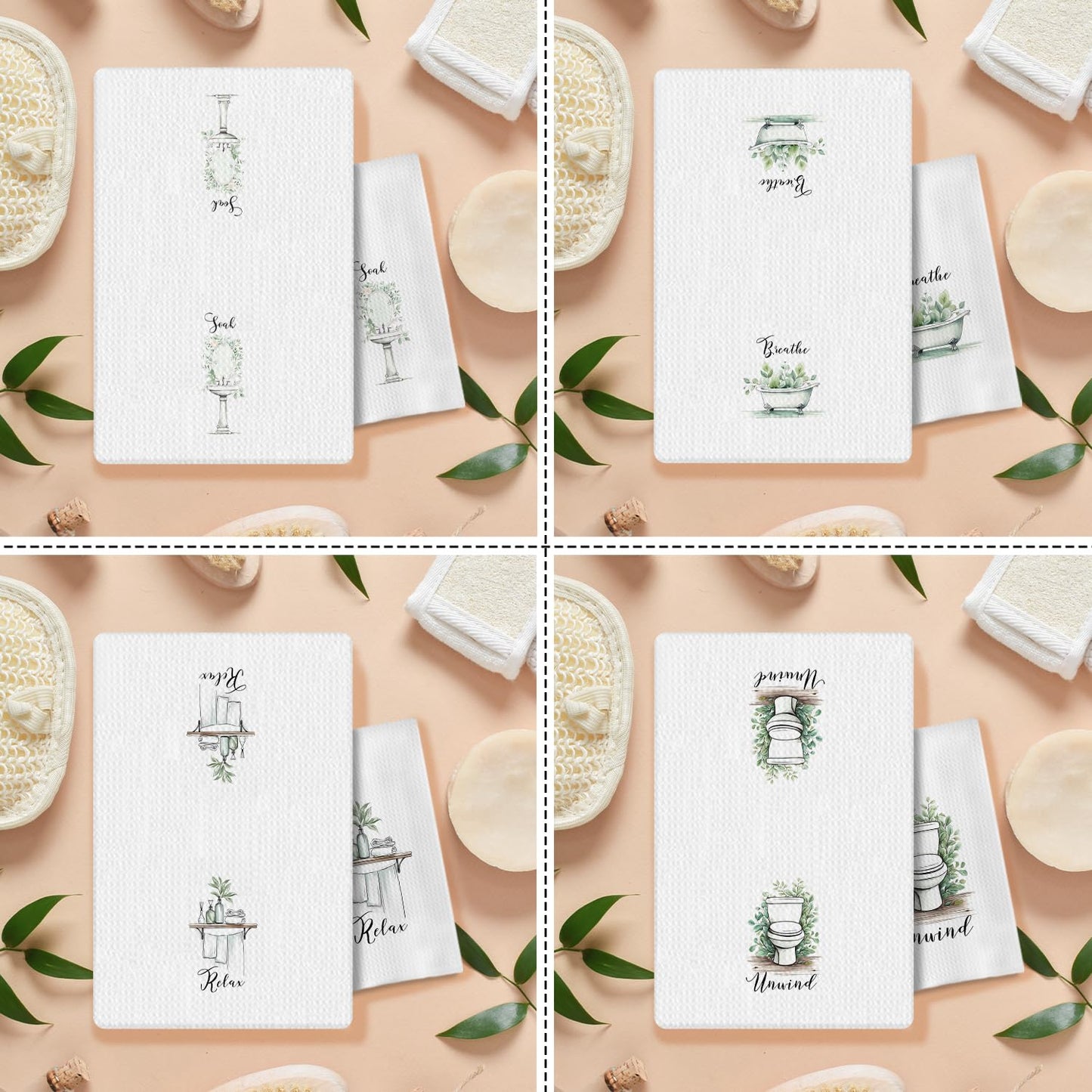 COWEB Boho Botanical Bathroom Hand Towels Set of 4, Relax Breathe Soak Unwind Decorative Hand Towels for Gym Yoga Spa Bathroom Decor, 16x24 Inches