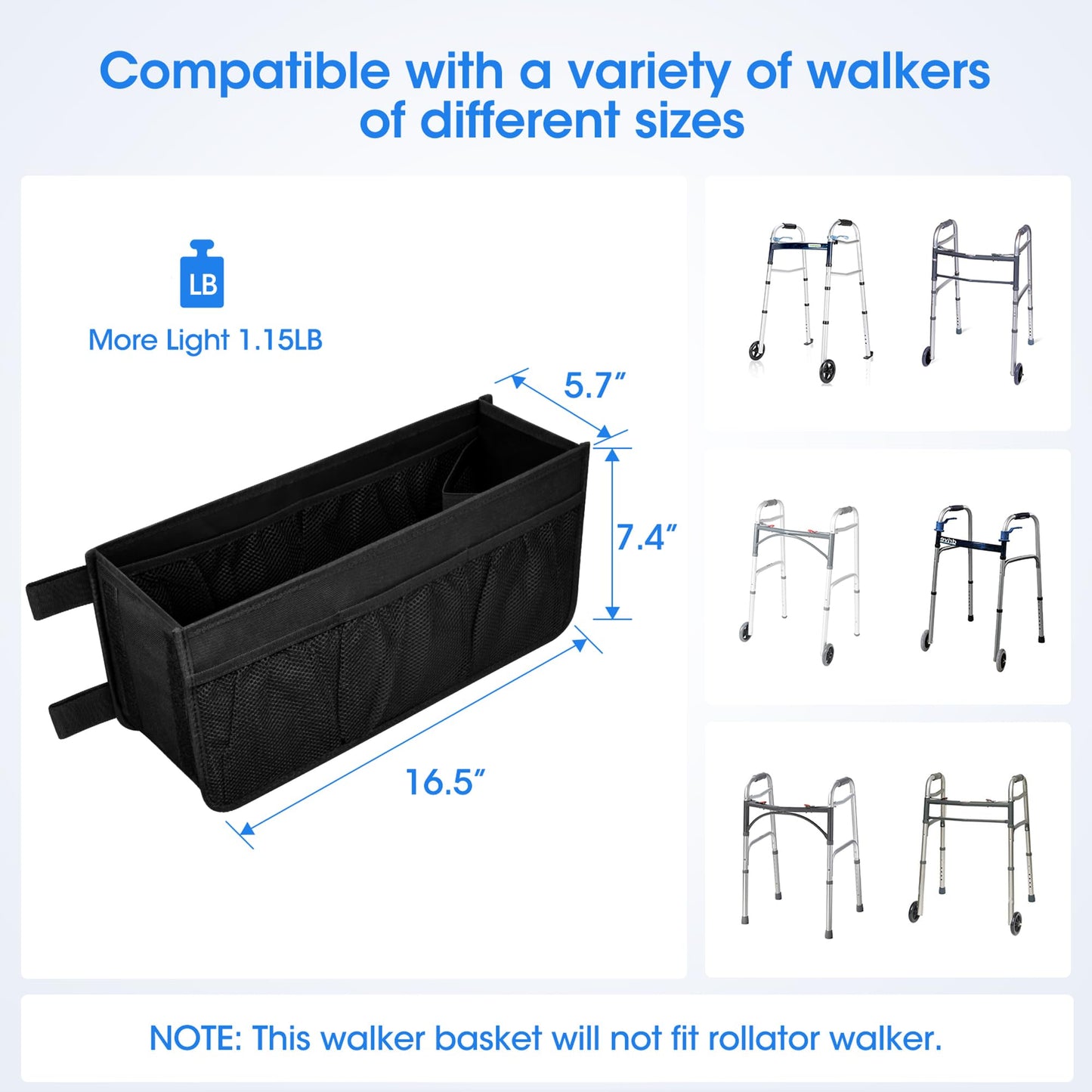 Upgraded Dotday Walker Basket with Cup Holder, Foldable Walker Bag with Large Capacity & Never Tipping Over- Not Fit for Rollator