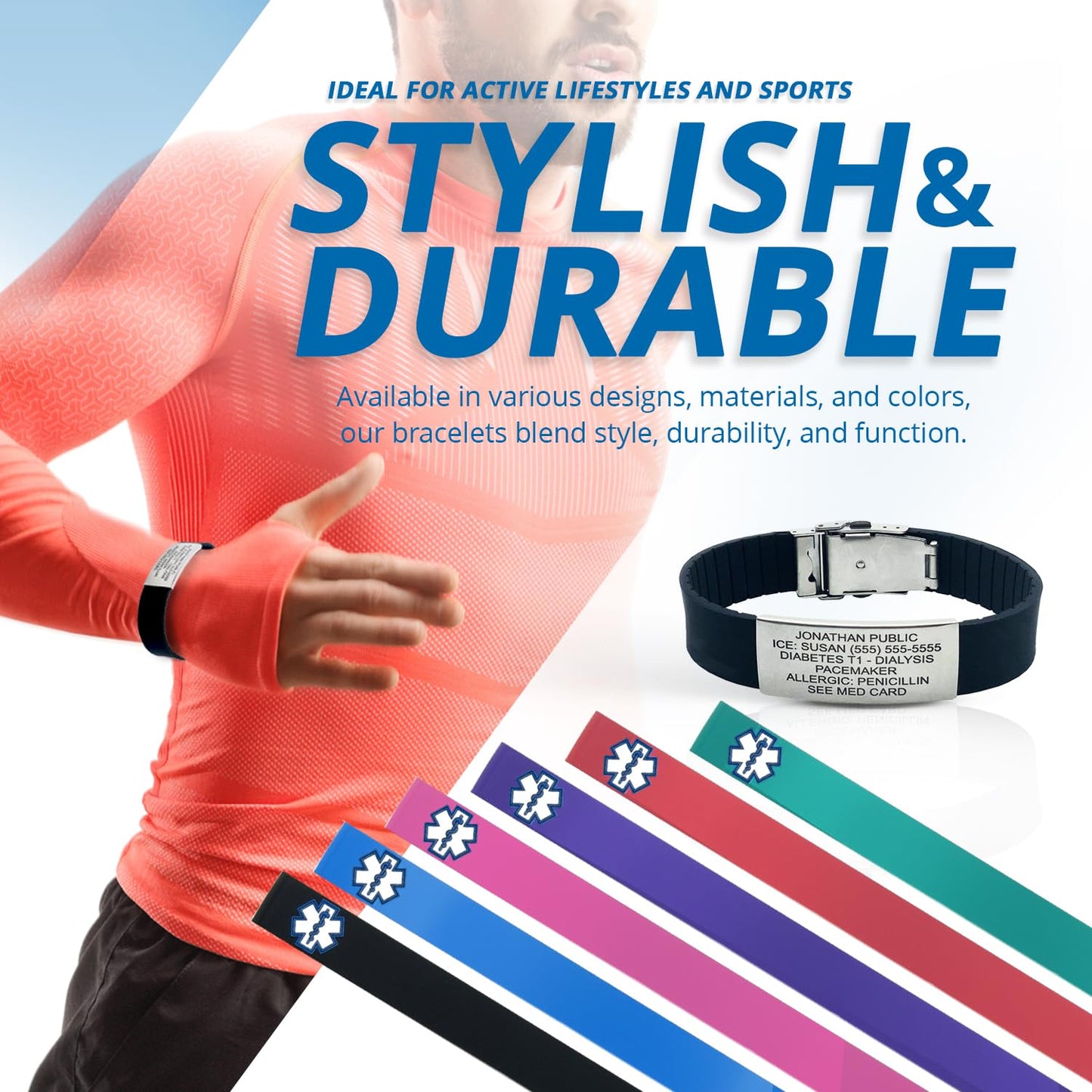 Sport Medical Alert Bracelet for Men & Women – Customizable Medical ID Bracelet with Personalized Engraving, Emergency Identification Card, Complimentary Access to PHR (Personal Health Record) – Black