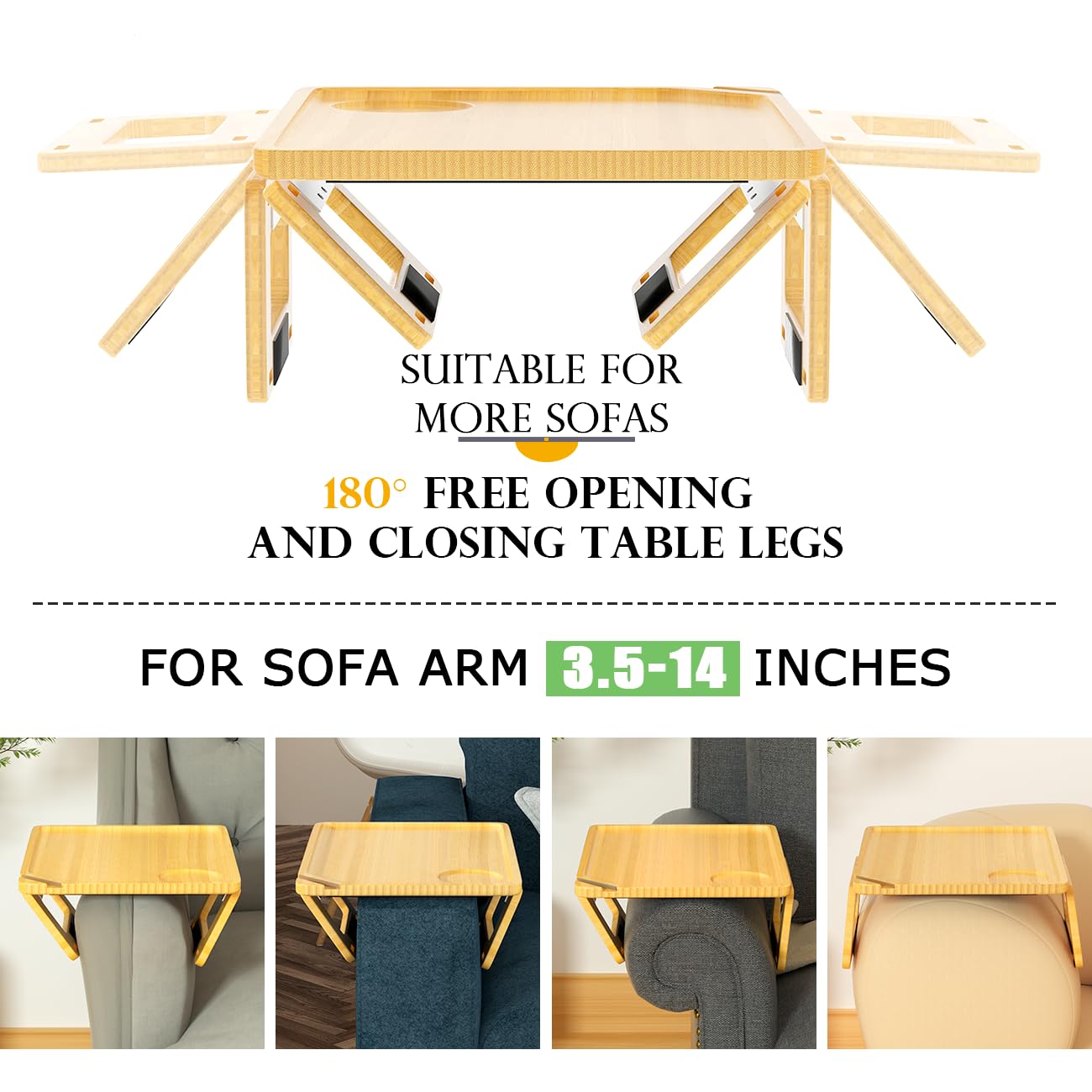 Smatdecis Couch Arm Tray Table Sofa Arm Clip Table, Armrest Tray Table Suitable for Home Drinks/Fast Food/Fruit Etc, Large Size Multi-Function Natural