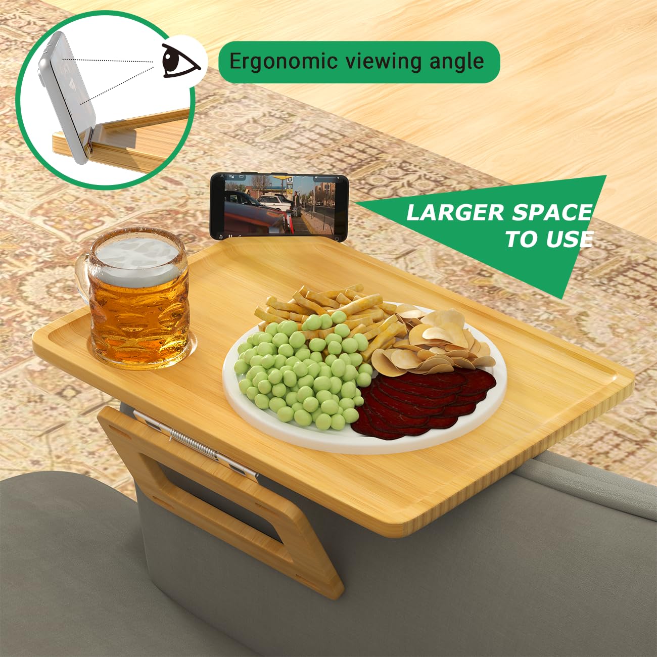 Smatdecis Couch Arm Tray Table Sofa Arm Clip Table, Armrest Tray Table Suitable for Home Drinks/Fast Food/Fruit Etc, Large Size Multi-Function Natural