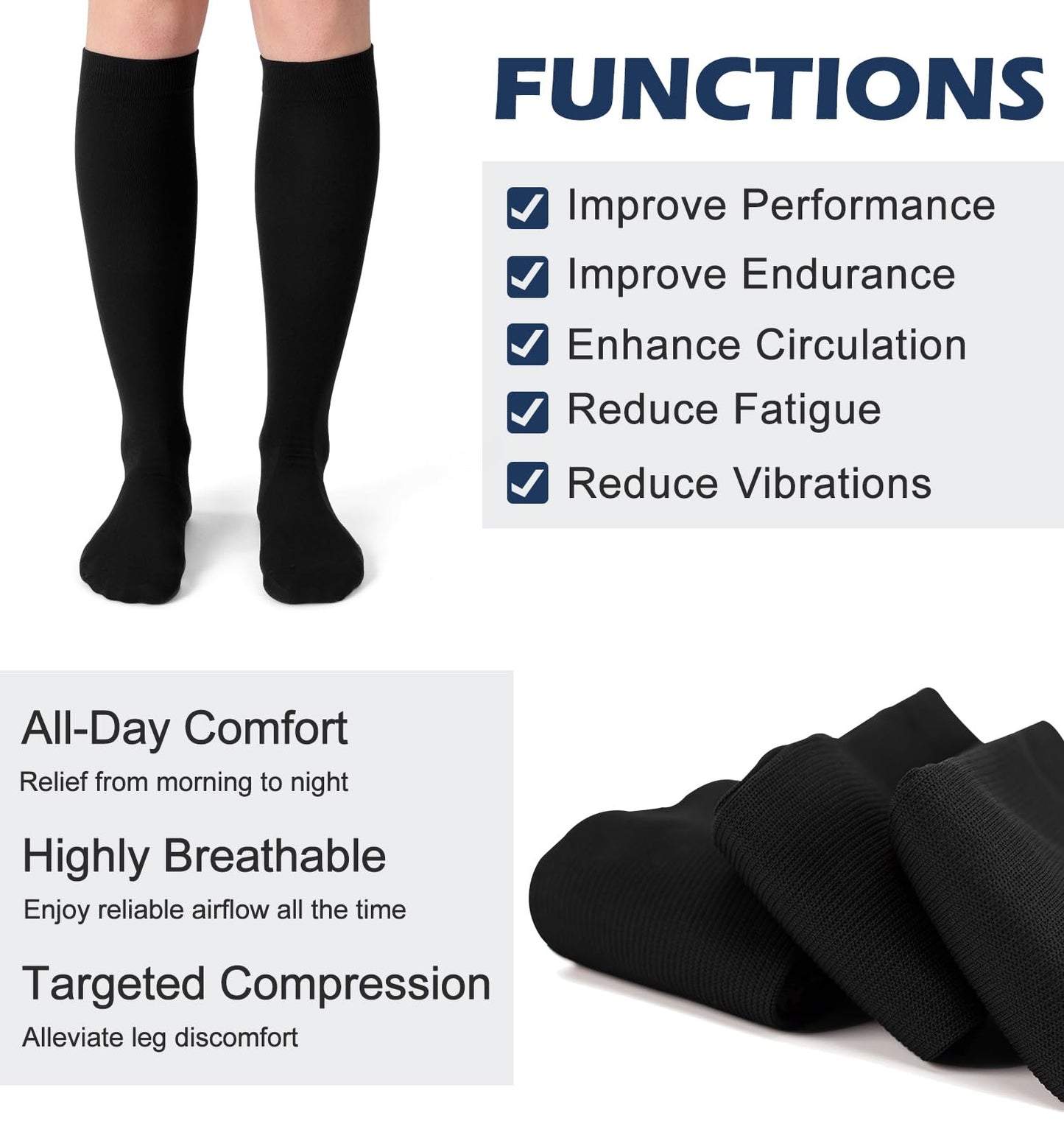 Saniripple (3 pairs) Compression Socks 20-30 mmHg Long Knee High Socks for Women and Men Black/Nude/Lightgrey L/XL