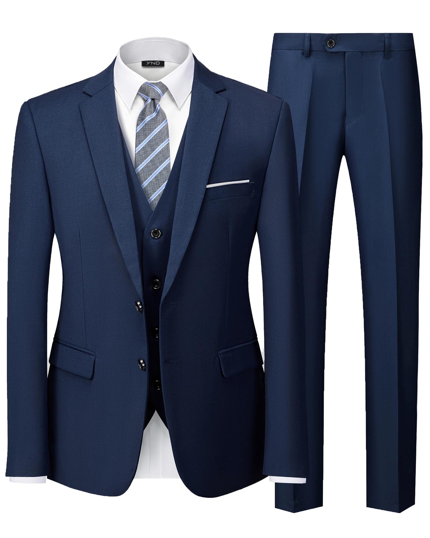 YND Men's 3 Piece Suit Set with Tie, 2 Button Slim Fit Solid Blazer Jacket Vest Pants, Business Wedding Party Suits for Men, Deep Blue