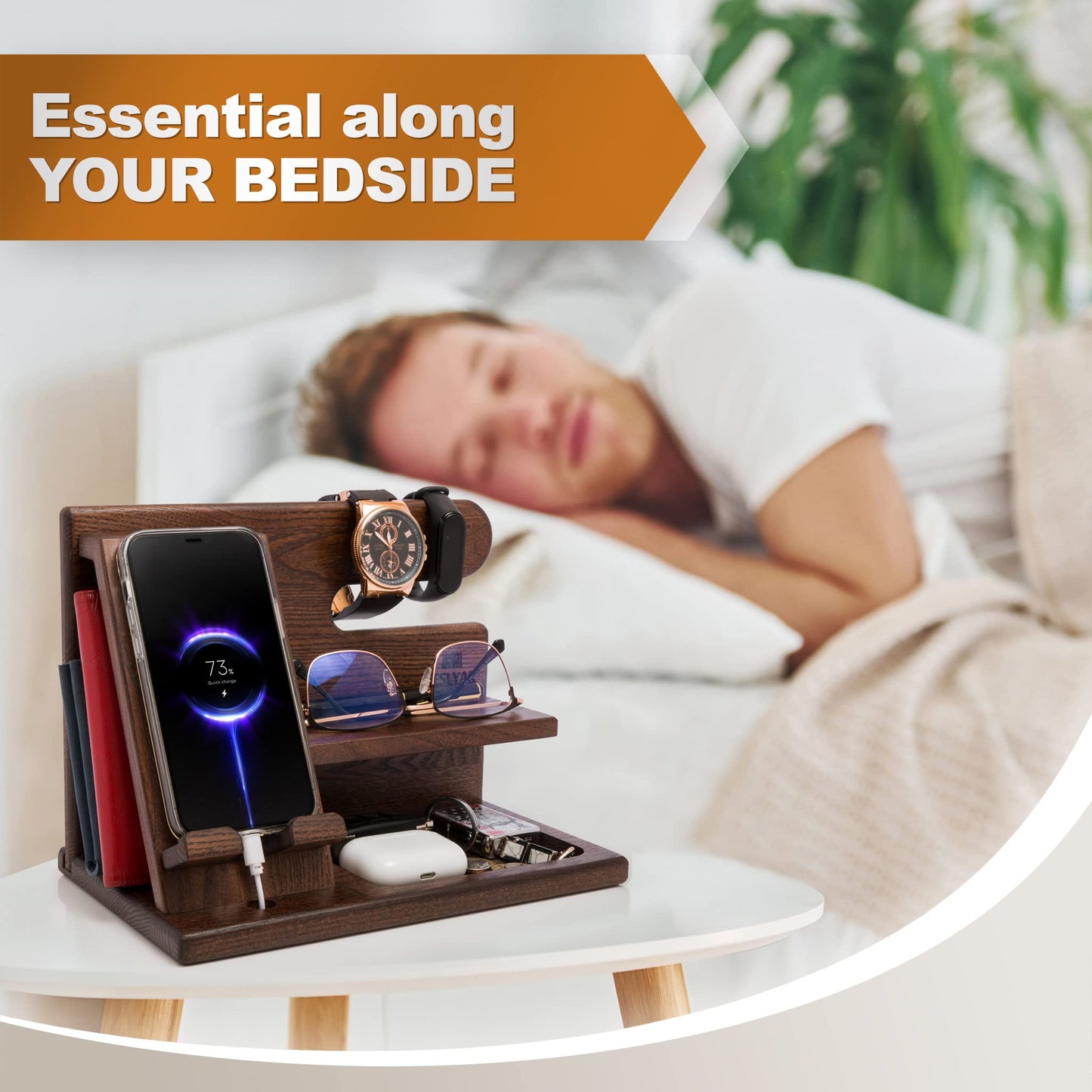 TESLYAR Wood Phone Docking Station for Men - Desktop or Nightstand Organizer - Birthday Gifts for Men, Dad - Anniversary Idea from Wife - Key Holder, Stand Wallet, Watch & Essentials (Bourbon Brown)