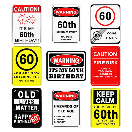 60th Birthday Decorations- 9PCS Over the Hill 60th Birthday Decorations for Men Women 60 Years Old Birthday Party Decor for Him Her Cheers to 60 Years Old Photo Booth Props You're 60 Caution Logos on Door Windows Yard Garden