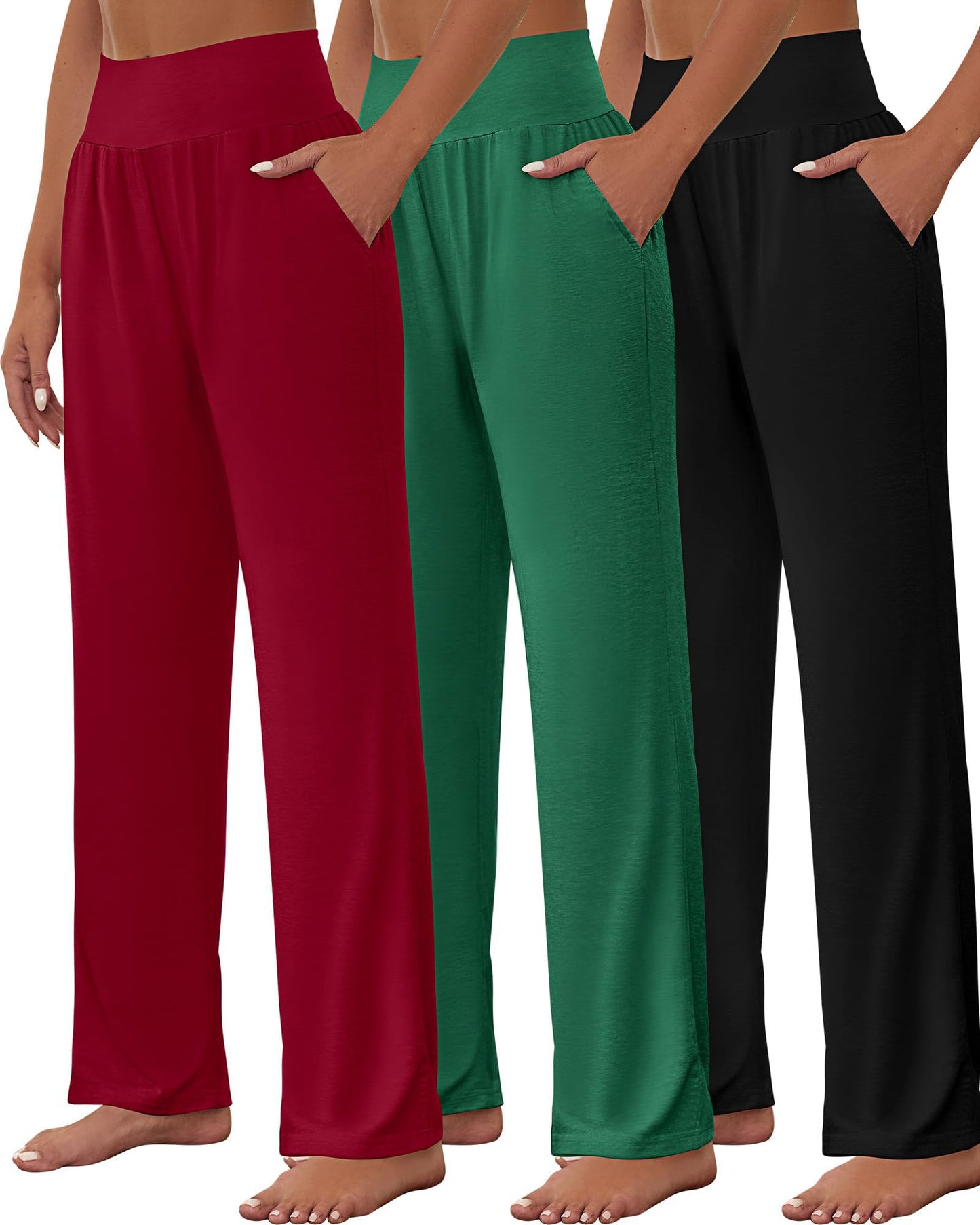 3 Pcs Women's Wide Leg Yoga Pant Comfy Loose Sweatpants High Waist Lounge Casual Athletic Pant Workout Joggers Pant (Black, Green, Red,XX-Large)
