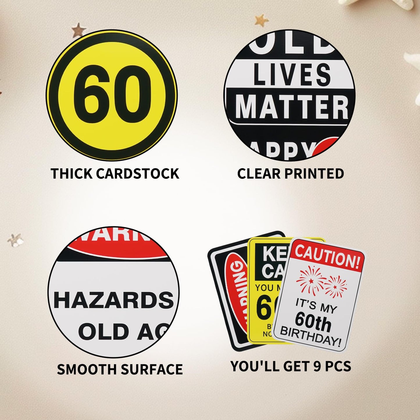 60th Birthday Decorations- 9PCS Over the Hill 60th Birthday Decorations for Men Women 60 Years Old Birthday Party Decor for Him Her Cheers to 60 Years Old Photo Booth Props You're 60 Caution Logos on Door Windows Yard Garden