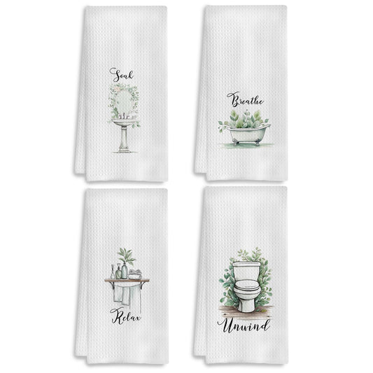 COWEB Boho Botanical Bathroom Hand Towels Set of 4, Relax Breathe Soak Unwind Decorative Hand Towels for Gym Yoga Spa Bathroom Decor, 16x24 Inches