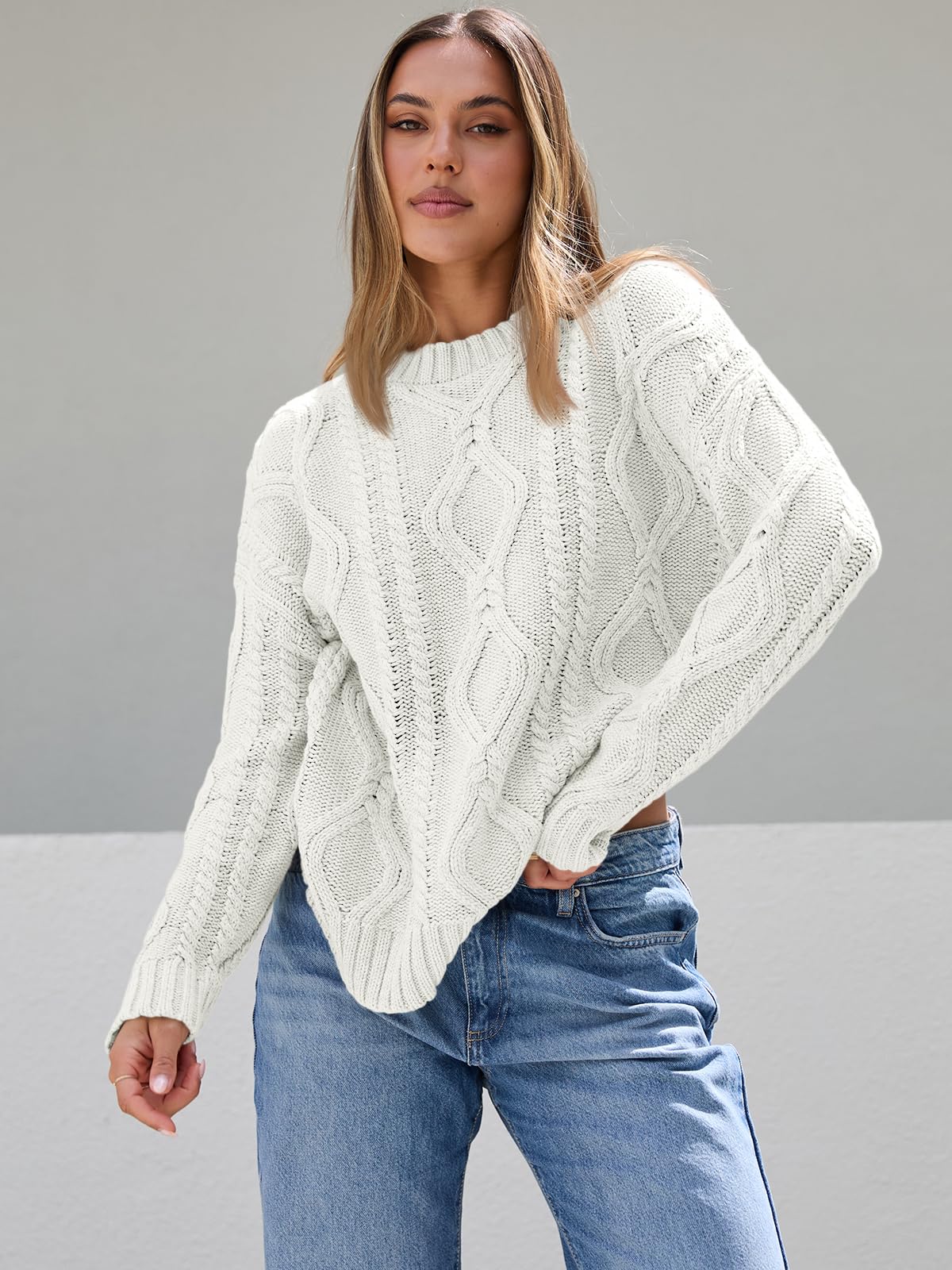 Trendy Queen Oversized Sweaters Womens 2025 Early Fall Fashion Outfits Cable Knit Crewneck Plus Size Pullover Cute Chunky Long Tunic Top Winter Old Money Clothes with Leggings Clothing White