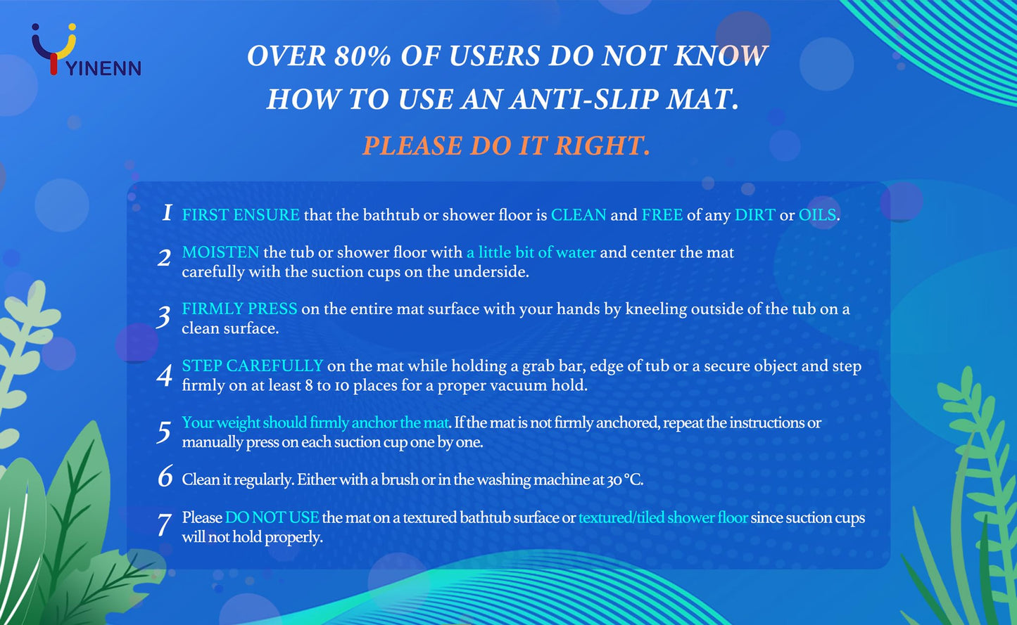 YINENN Bath and Shower Safety Mats 40x16 inch, Non Slip with Suction Cups for Bathroom Stall and Tub Floor, Extra Large and Machine Washable, Drain Holes Keep Bathtub Clean, Blue