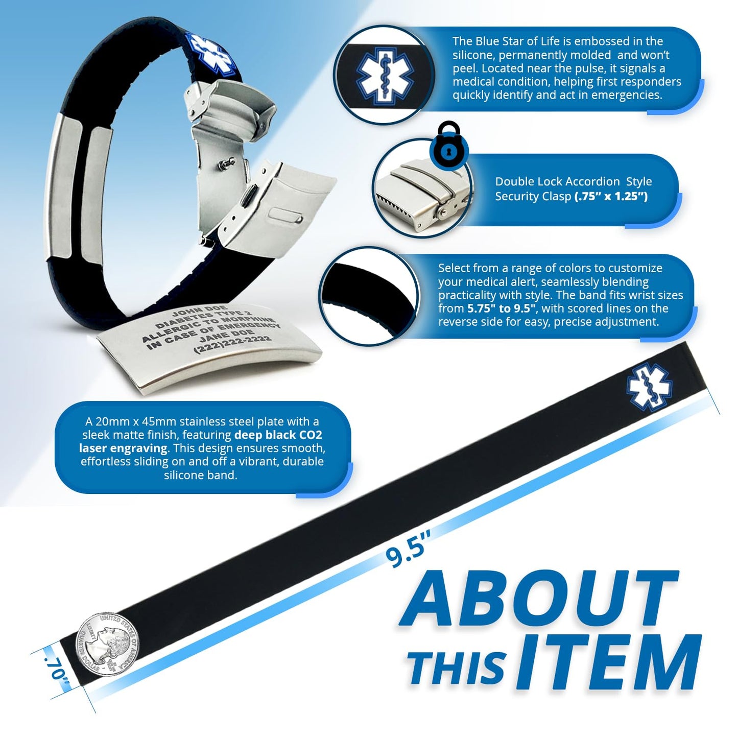 Sport Medical Alert Bracelet for Men & Women – Customizable Medical ID Bracelet with Personalized Engraving, Emergency Identification Card, Complimentary Access to PHR (Personal Health Record) – Black