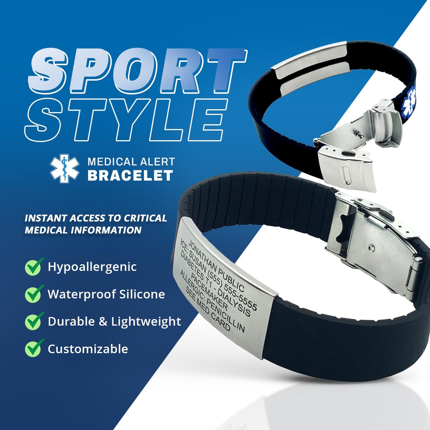 Sport Medical Alert Bracelet for Men & Women – Customizable Medical ID Bracelet with Personalized Engraving, Emergency Identification Card, Complimentary Access to PHR (Personal Health Record) – Black