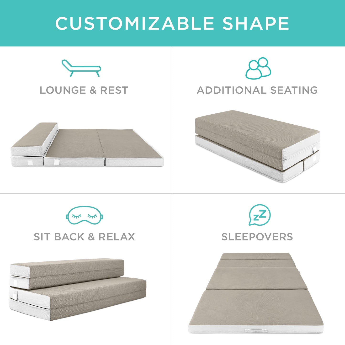 Best Choice Products 4in Portable Queen-Size Mattress, Tri-Fold Mattress for Camping, Guest, Toddler, Foam Plush w/Carry Case - Taupe