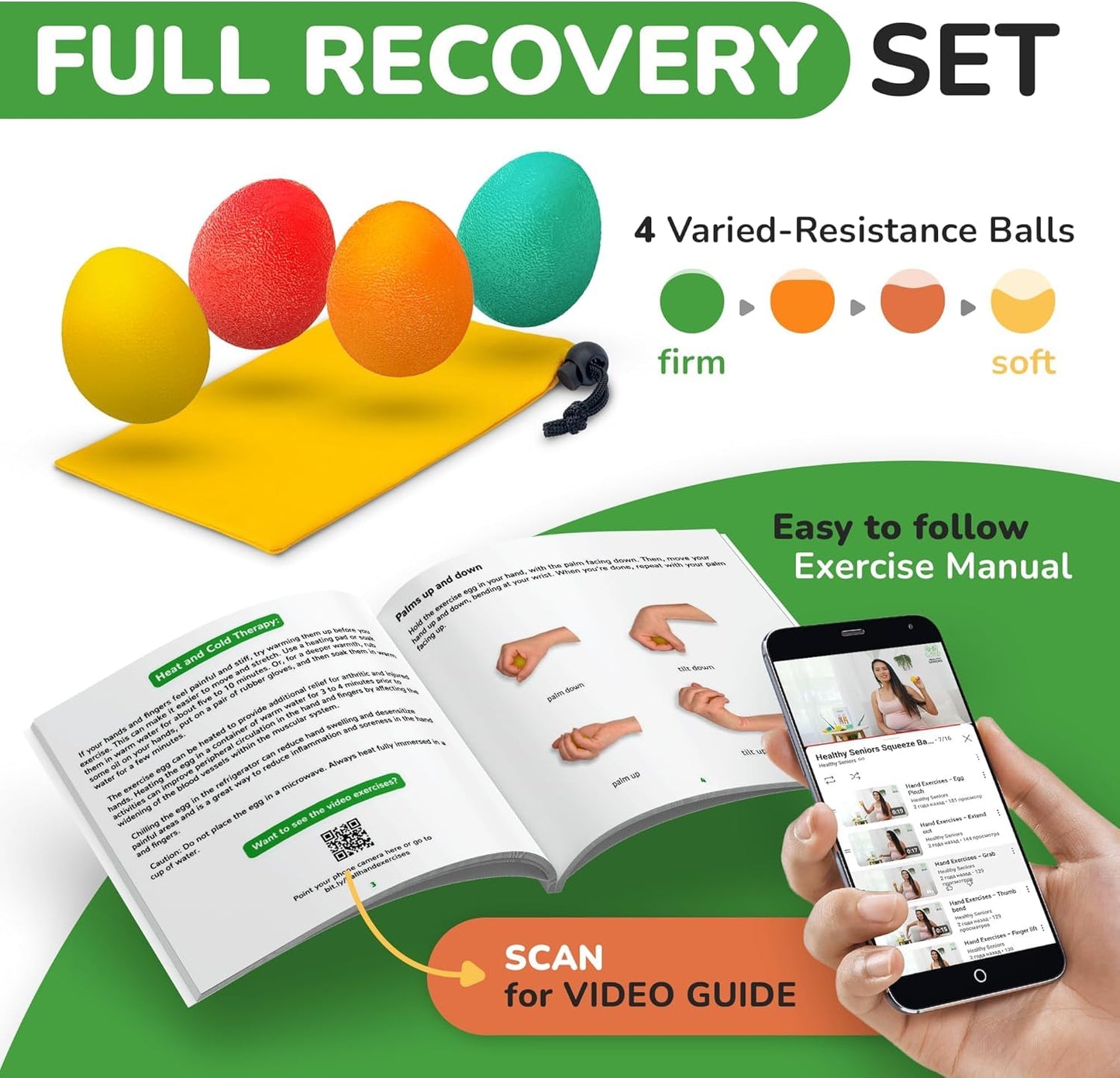 Healthy Seniors Squeeze Balls for Hand Therapy - Set of 4-Hand Exercise Balls for Arthritis & Carpal Tunnel - Stress Ball for Adults Therapy with Printed Guide Book and Videos