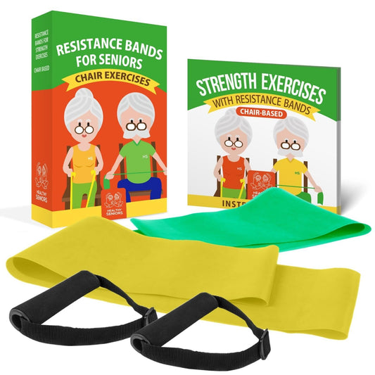 Healthy Seniors Chair Exercise Program with Two Resistance Bands, Handles and Printed Exercise Guide. Suitable for Rehab or Physical Therapy. Thoughtful Gift for Grandma or Grandpa