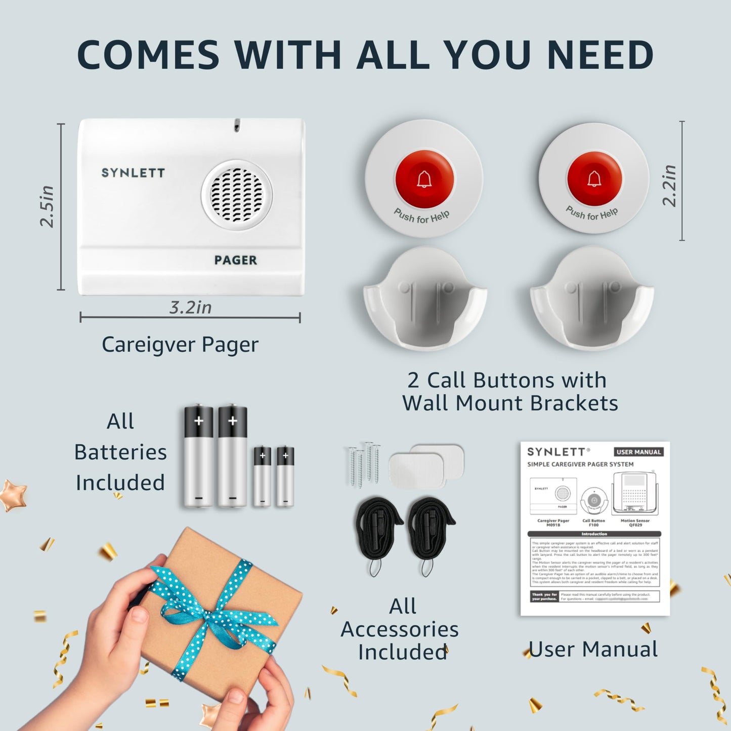 SYNLETT Caregiver Pager Wireless Call Buttons for Elderly Monitoring SOS Alert System Portable Alarm for Nurse Call Seniors Patients Emergency Home