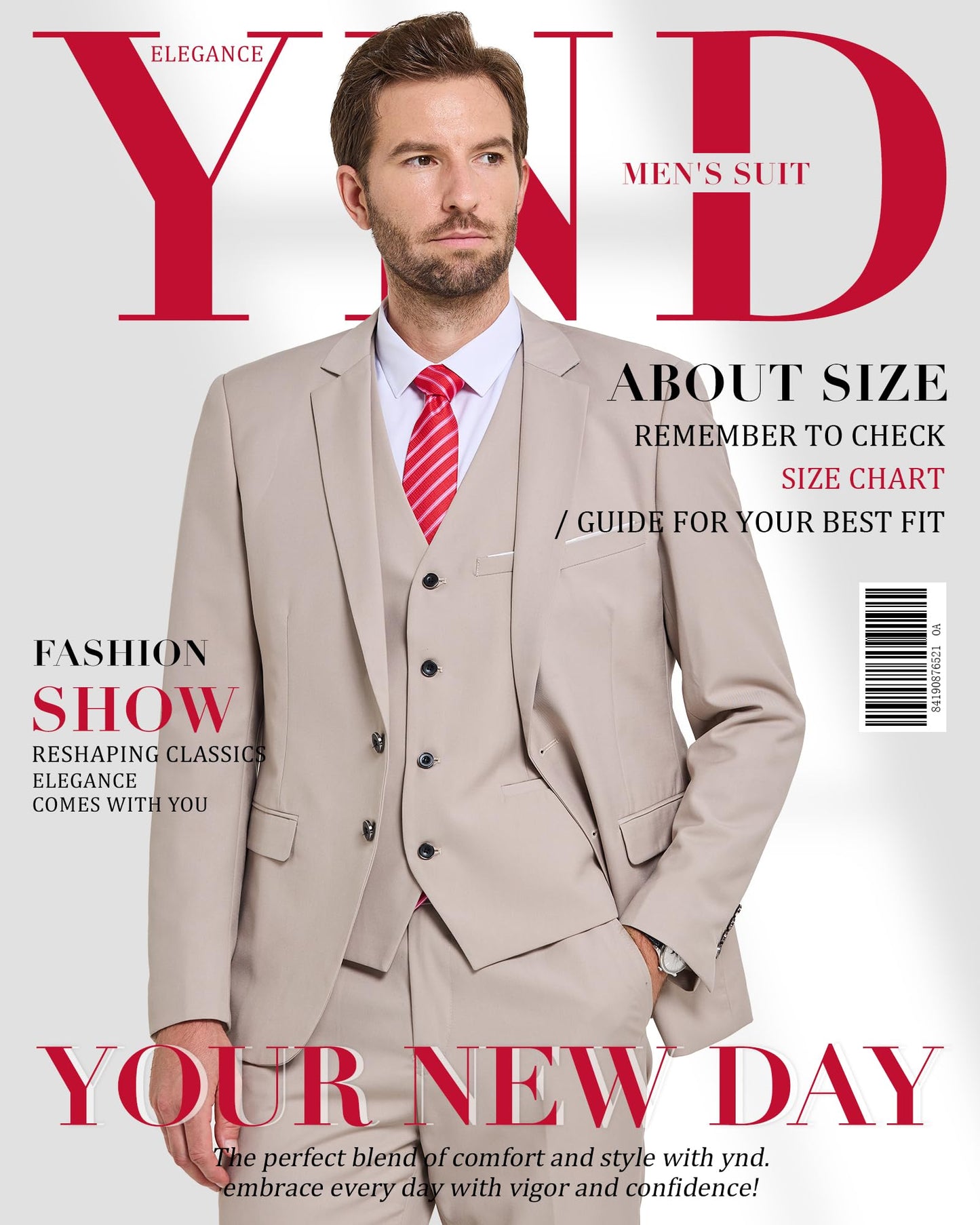 YND Men's 3 Piece Suit Set with Tie, 2 Button Slim Fit Solid Blazer Jacket Vest Pants, Business Wedding Party Suits for Men, Deep Blue