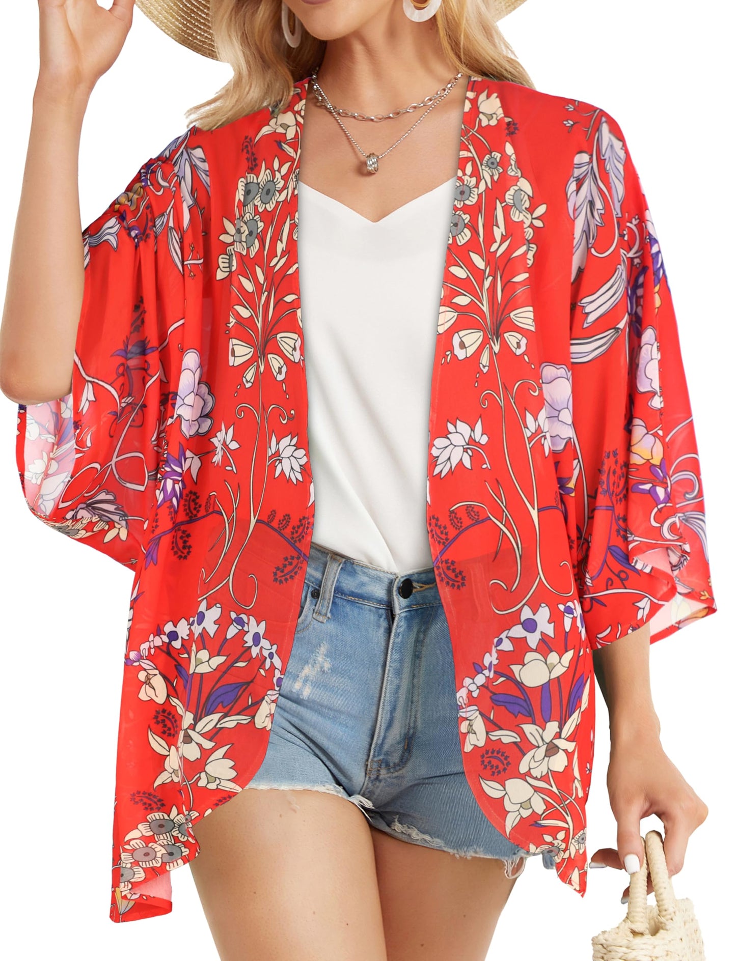 Summer Kimono Cardigan for Women Sheer Boho Tops Casual Open Front Swimwear Shirts Beach Cover ups (Boho Red,M)