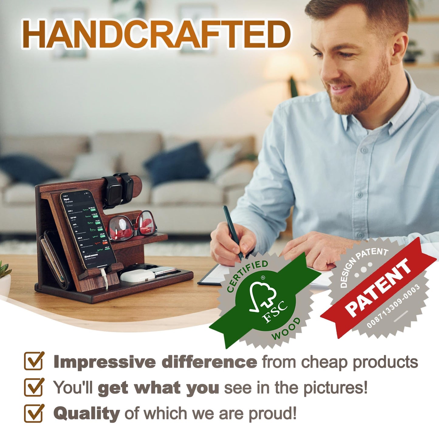 TESLYAR Wood Phone Docking Station for Men - Desktop or Nightstand Organizer - Birthday Gifts for Men, Dad - Anniversary Idea from Wife - Key Holder, Stand Wallet, Watch & Essentials (Bourbon Brown)