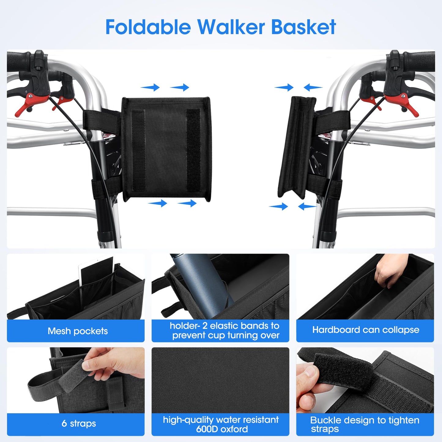 Upgraded Dotday Walker Basket with Cup Holder, Foldable Walker Bag with Large Capacity & Never Tipping Over- Not Fit for Rollator