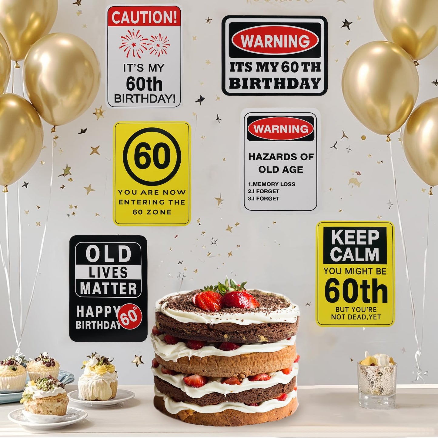 60th Birthday Decorations- 9PCS Over the Hill 60th Birthday Decorations for Men Women 60 Years Old Birthday Party Decor for Him Her Cheers to 60 Years Old Photo Booth Props You're 60 Caution Logos on Door Windows Yard Garden