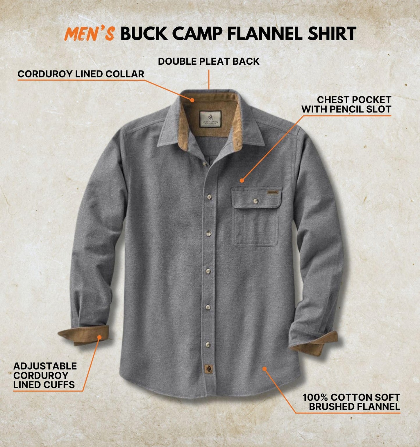 Legendary Whitetails Men's Standard Flannel Shirt Long Sleeve Button Down 100% Cotton, Charcoal Heather, Large