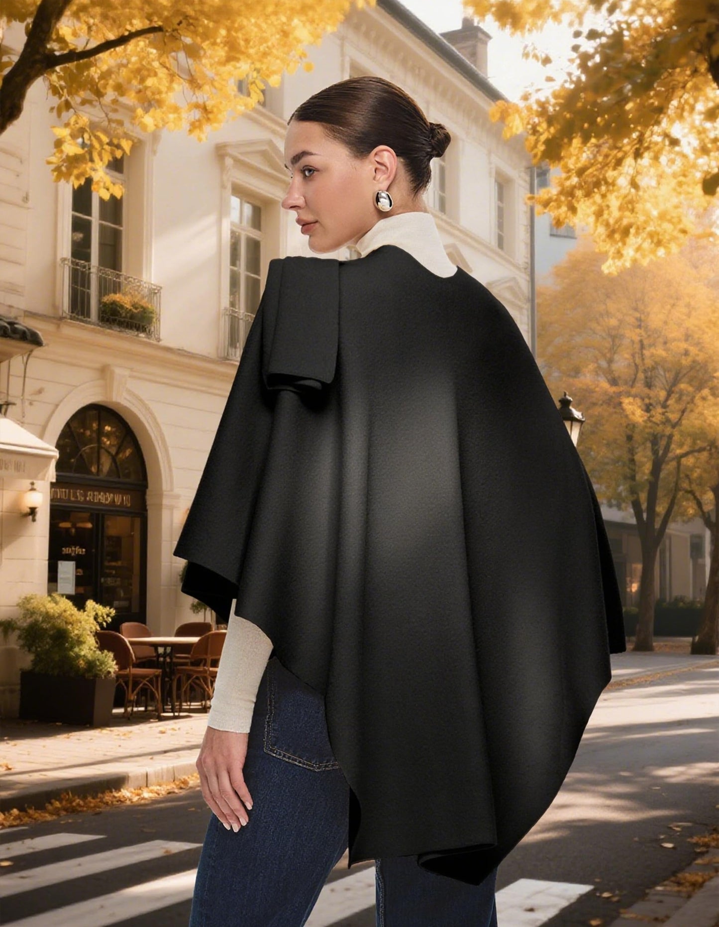 PULI Womens Black Large Cross Front Poncho Sweater Wrap Topper Knitted Elegant Shawls Cape for Fall Winter