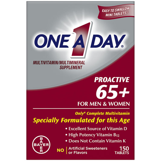 One A Day Proactive 65+, Mens & Womens Multivitamin, Supplement with Vitamin A, C, D, and Zinc to Support Bone Health & Cell Health, Calcium, Folic Acid, Tablet 150 Count