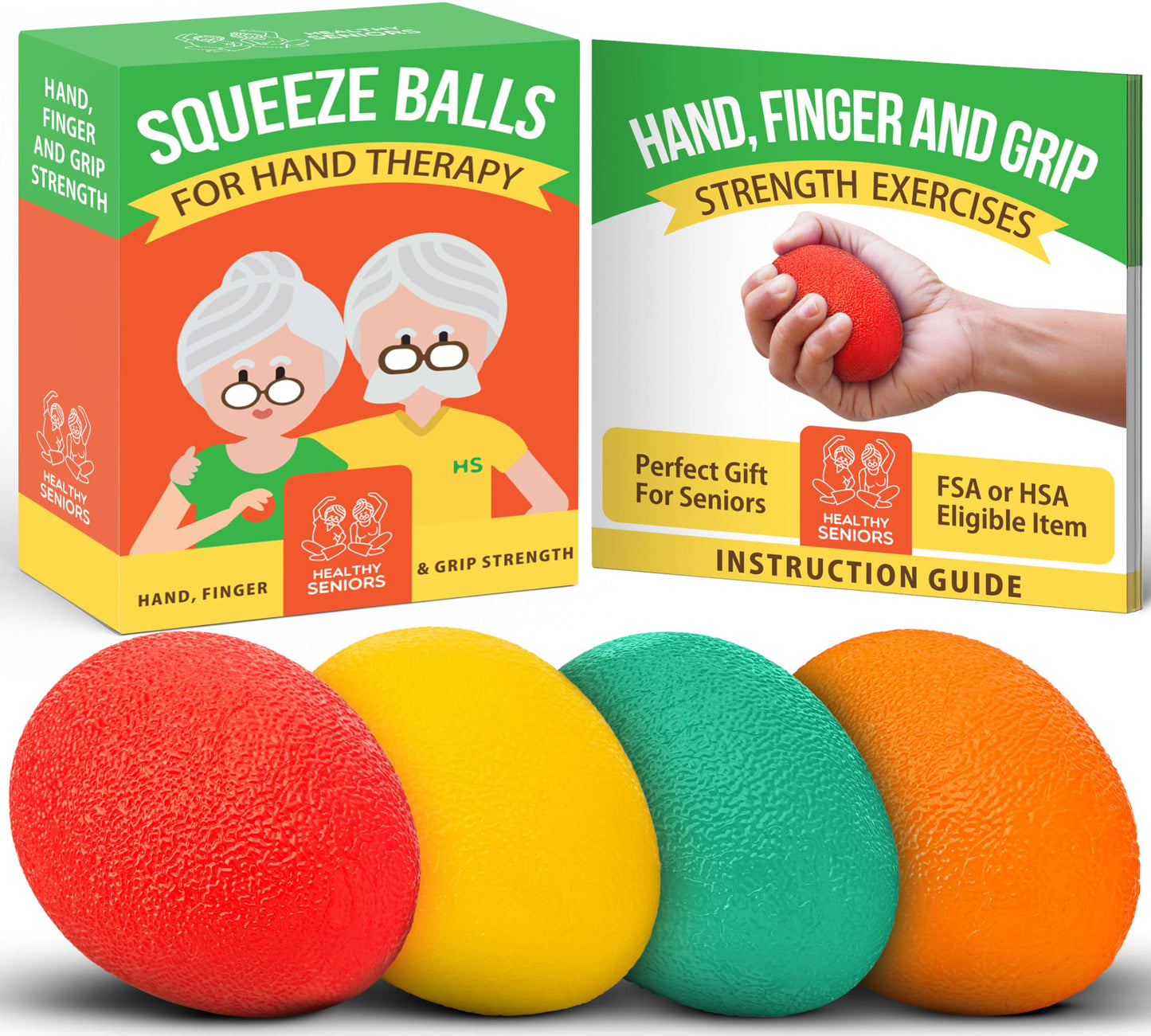 Healthy Seniors Squeeze Balls for Hand Therapy - Set of 4-Hand Exercise Balls for Arthritis & Carpal Tunnel - Stress Ball for Adults Therapy with Printed Guide Book and Videos