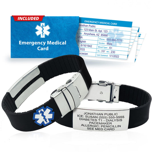 Sport Medical Alert Bracelet for Men & Women – Customizable Medical ID Bracelet with Personalized Engraving, Emergency Identification Card, Complimentary Access to PHR (Personal Health Record) – Black