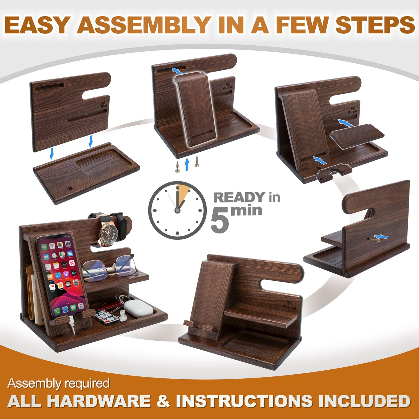 TESLYAR Wood Phone Docking Station for Men - Desktop or Nightstand Organizer - Birthday Gifts for Men, Dad - Anniversary Idea from Wife - Key Holder, Stand Wallet, Watch & Essentials (Antique Brown)
