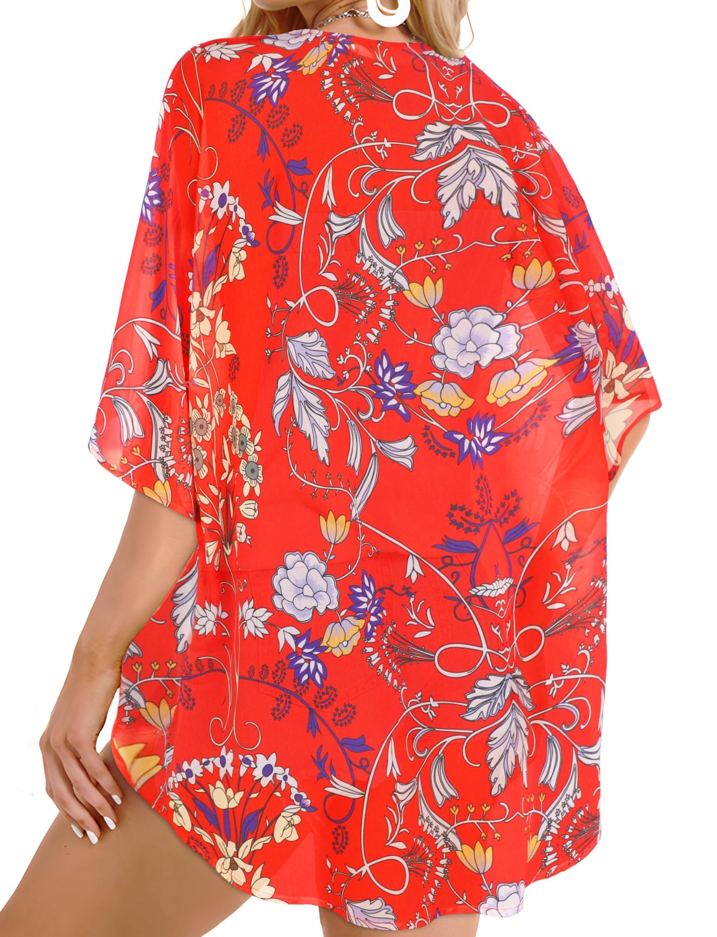 Summer Kimono Cardigan for Women Sheer Boho Tops Casual Open Front Swimwear Shirts Beach Cover ups (Boho Red,M)