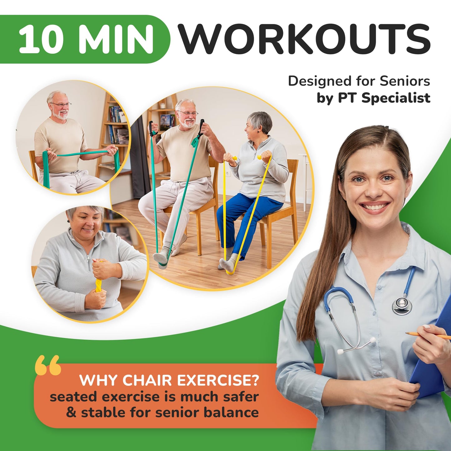 Healthy Seniors Chair Exercise Program with Two Resistance Bands, Handles and Printed Exercise Guide. Suitable for Rehab or Physical Therapy. Thoughtful Gift for Grandma or Grandpa